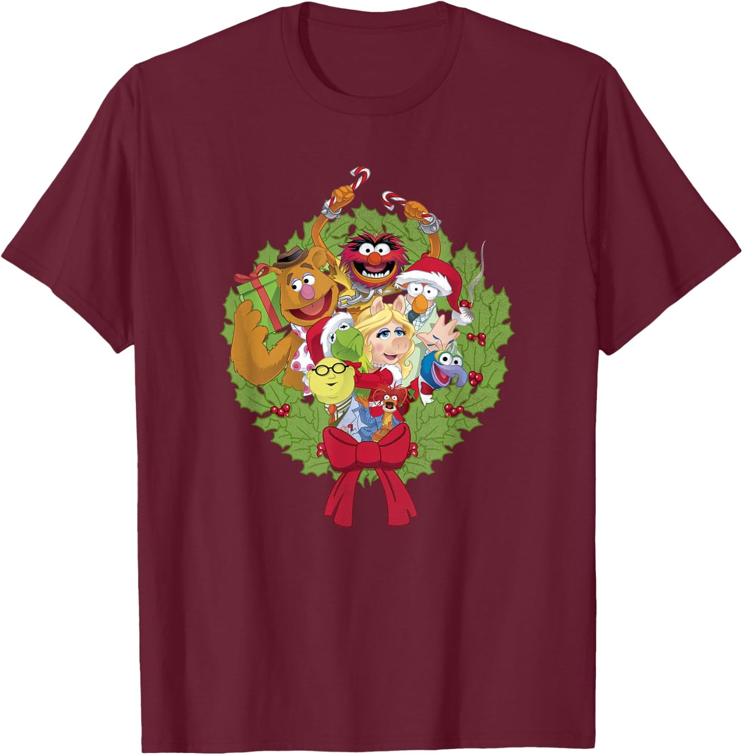 Disney The Muppets Christmas Muppet Group Wreath T-Shirt - T-Shirt | Maroon