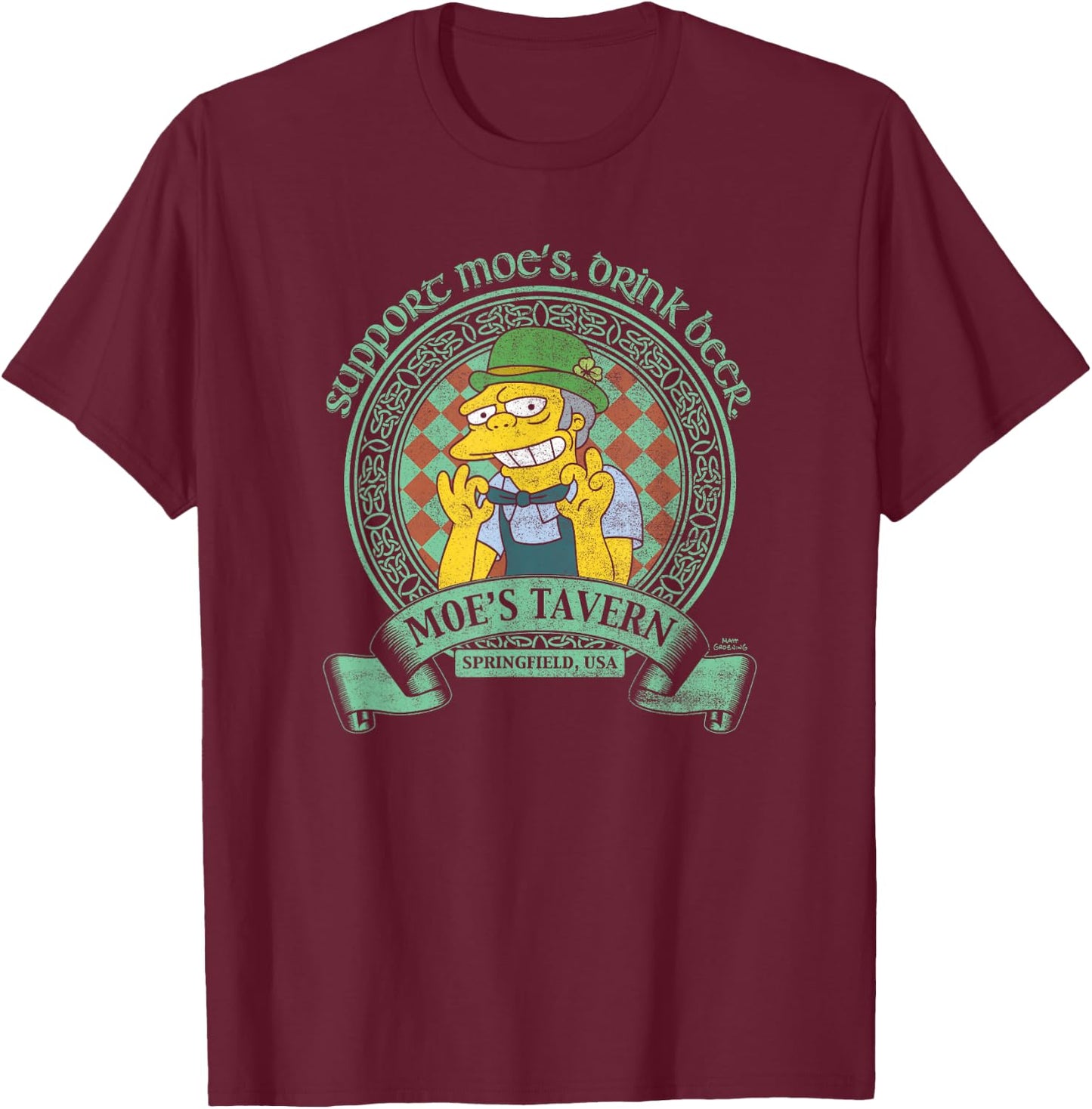 The Simpsons St. Patrick's Day Support Moe's, Drink Beer V2 T-Shirt - T-Shirt | Maroon