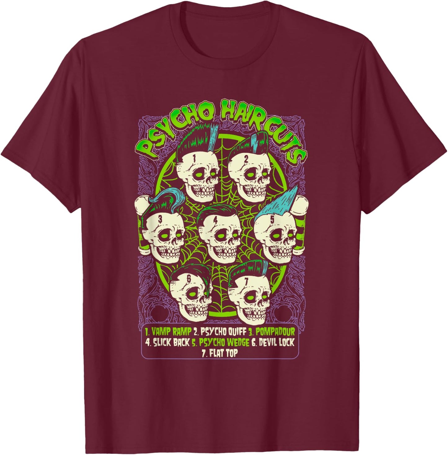 Barbershop Poster Psycho Haircuts Chart Psychobilly T-Shirt - T-Shirt | Maroon
