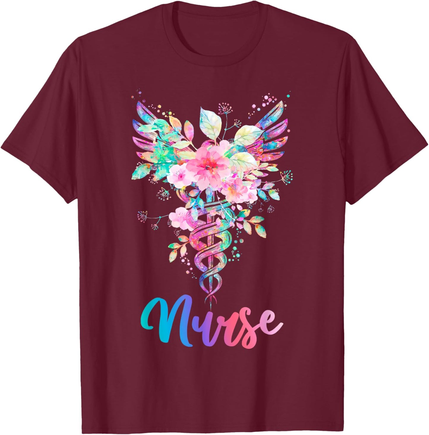 Nurse Watercolor Floral Caduceus T-Shirt - T-Shirt | Maroon