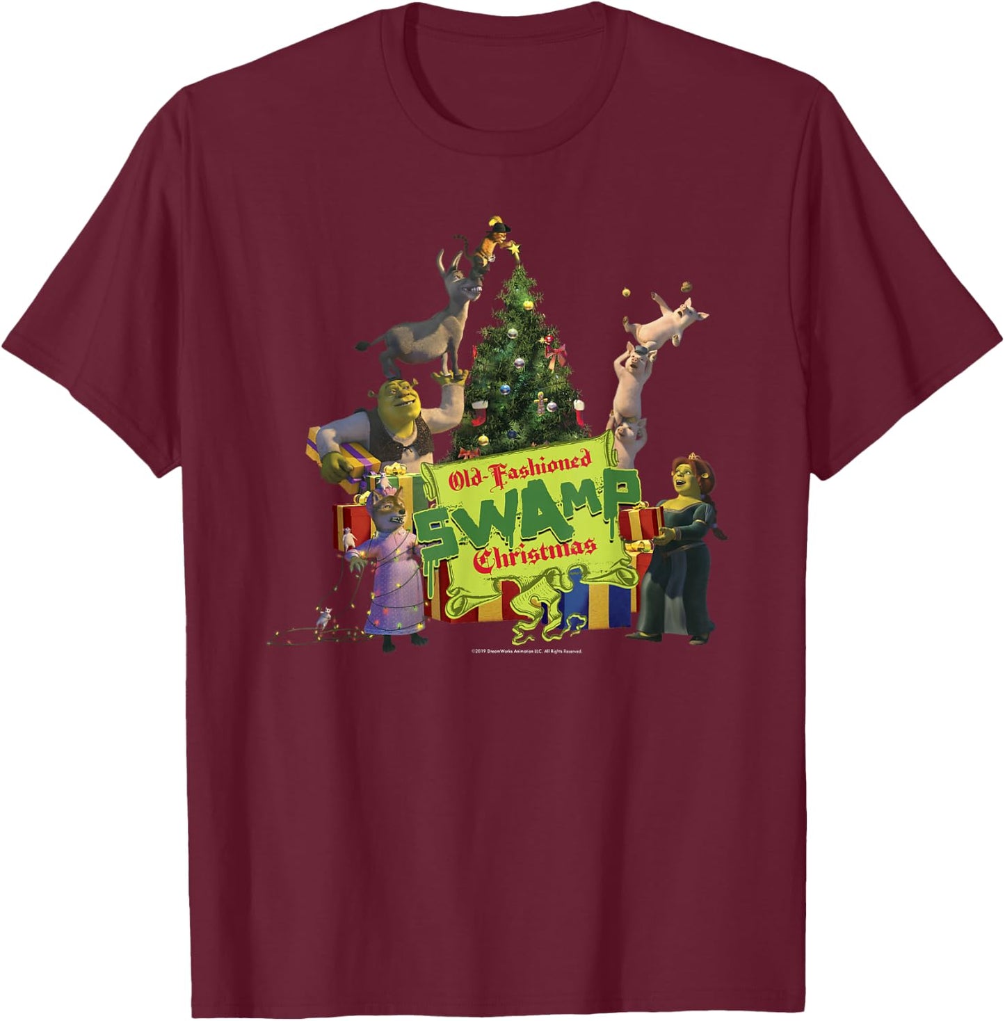 Shrek Group Shot Old-Fashioned Swap Christmas Text Poster T-Shirt - T-Shirt | Maroon
