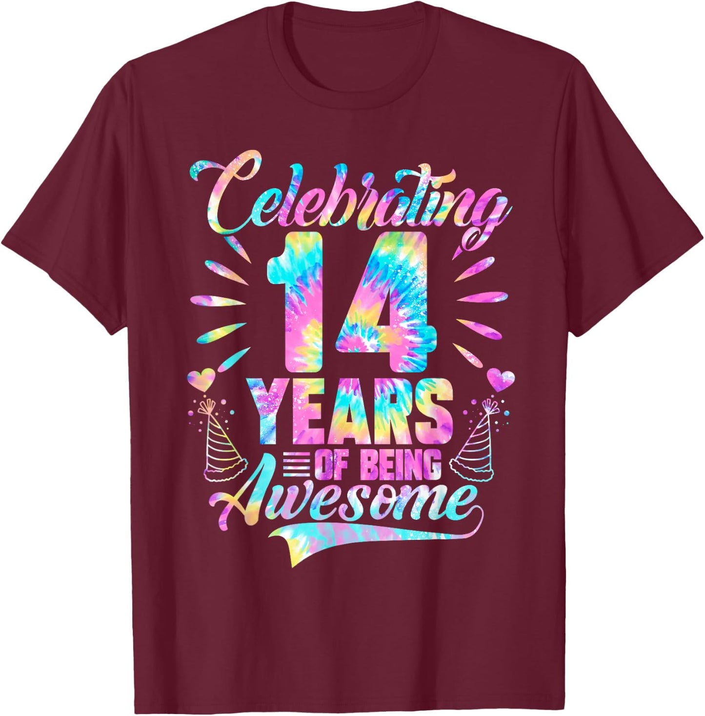 Celebrating 14 Year Of Being Awesome With Tie-dye Graphic T-Shirt - T-Shirt | Maroon