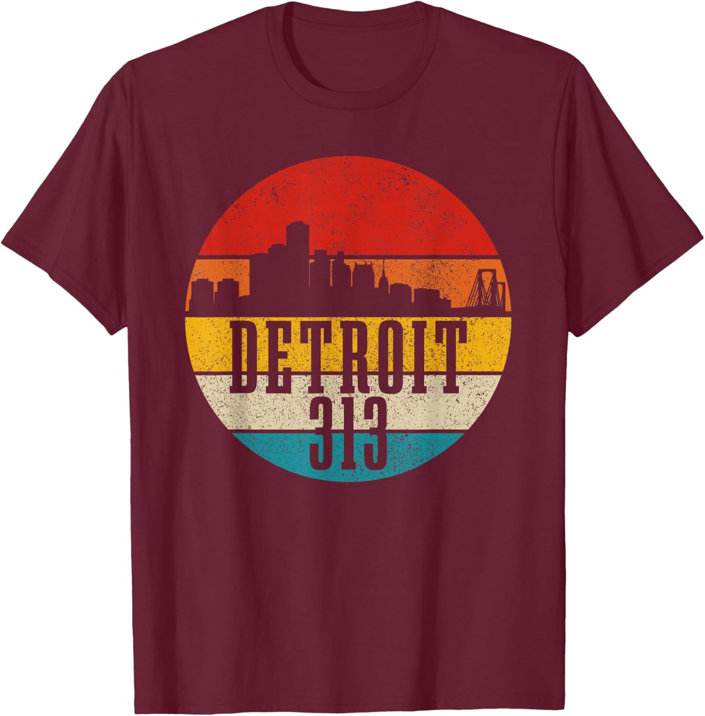 Detroit Skyline 313 Michigan Vintage Retro T-Shirt - T-Shirt | Maroon