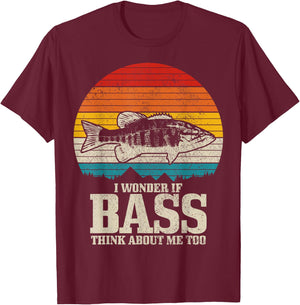 I Wonder If Bass Think About Me Vintage Bass Fishing Fish T-Shirt - T-Shirt | Maroon