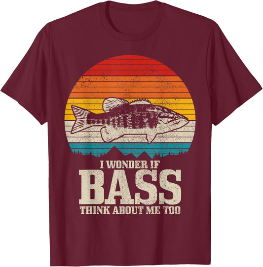 I Wonder If Bass Think About Me Vintage Bass Fishing Fish T-Shirt - T-Shirt | Maroon