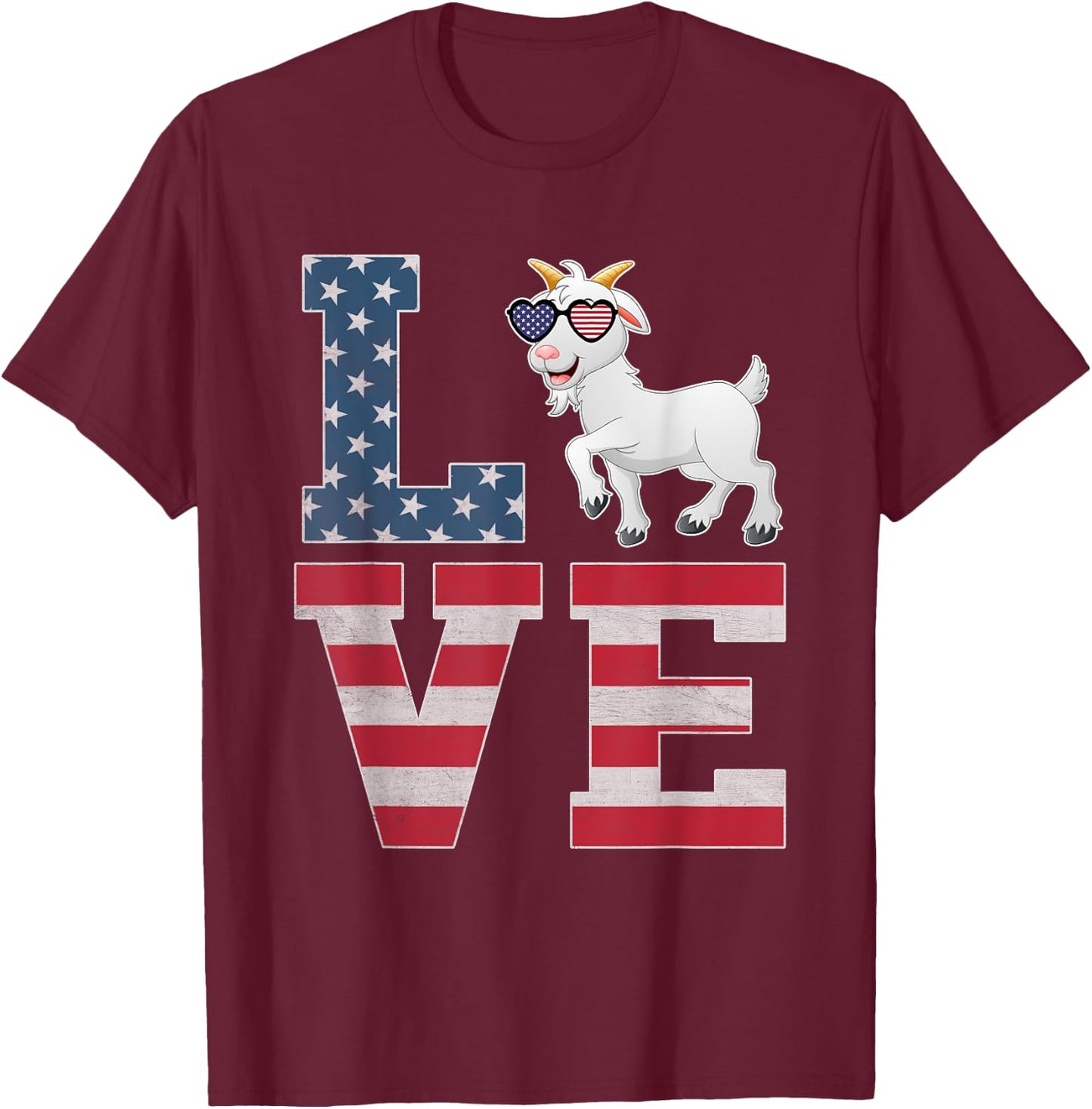 4th of July Decor Patriotic LOVE Goat American Flag T-Shirt - T-Shirt | Maroon