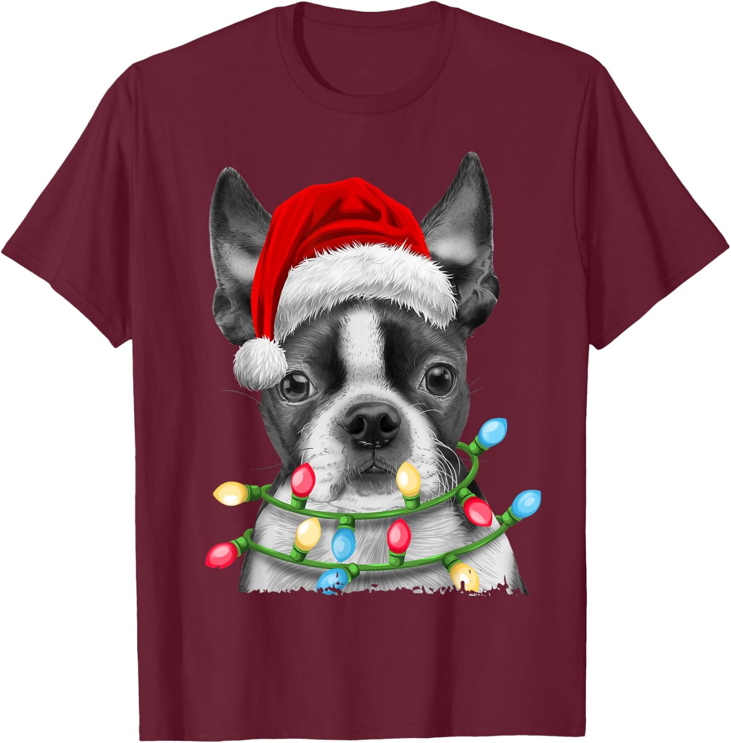 Boston Terrier Santa Christmas Tree Lights Xmas Boys Men Dog T-Shirt - T-Shirt | Maroon
