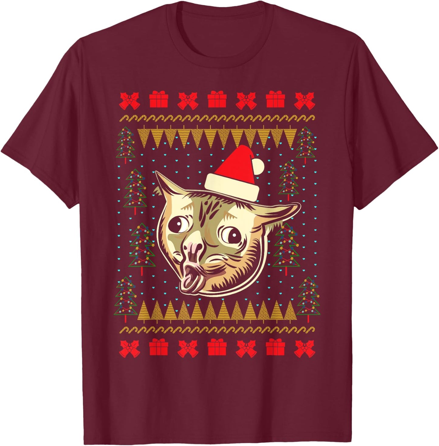 Ugly Christmas Sweater Coughing Cat Meme Men Women Kids T-Shirt - T-Shirt | Maroon