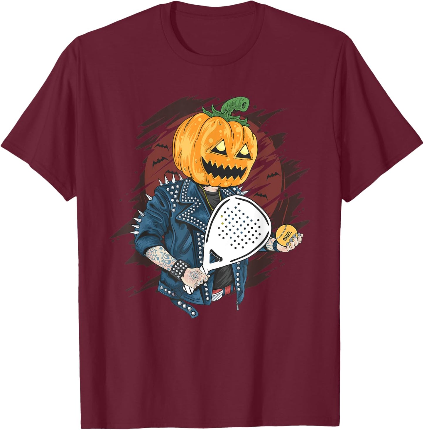 Padel Halloween Pumpkin holding a Paddle Tennis Racket T-Shirt - T-Shirt | Maroon