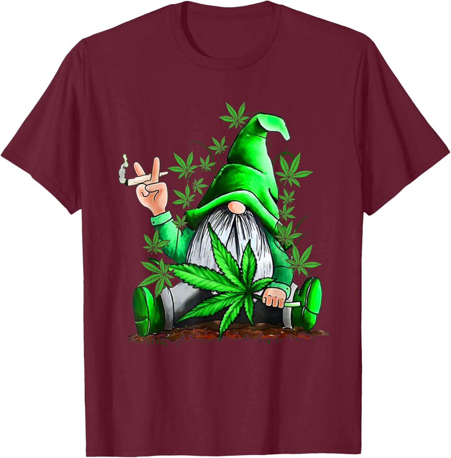 Funny Gnome Pot Leaf 420 Marijuana Weed Cannabis Smoking T-Shirt - T-Shirt | Maroon