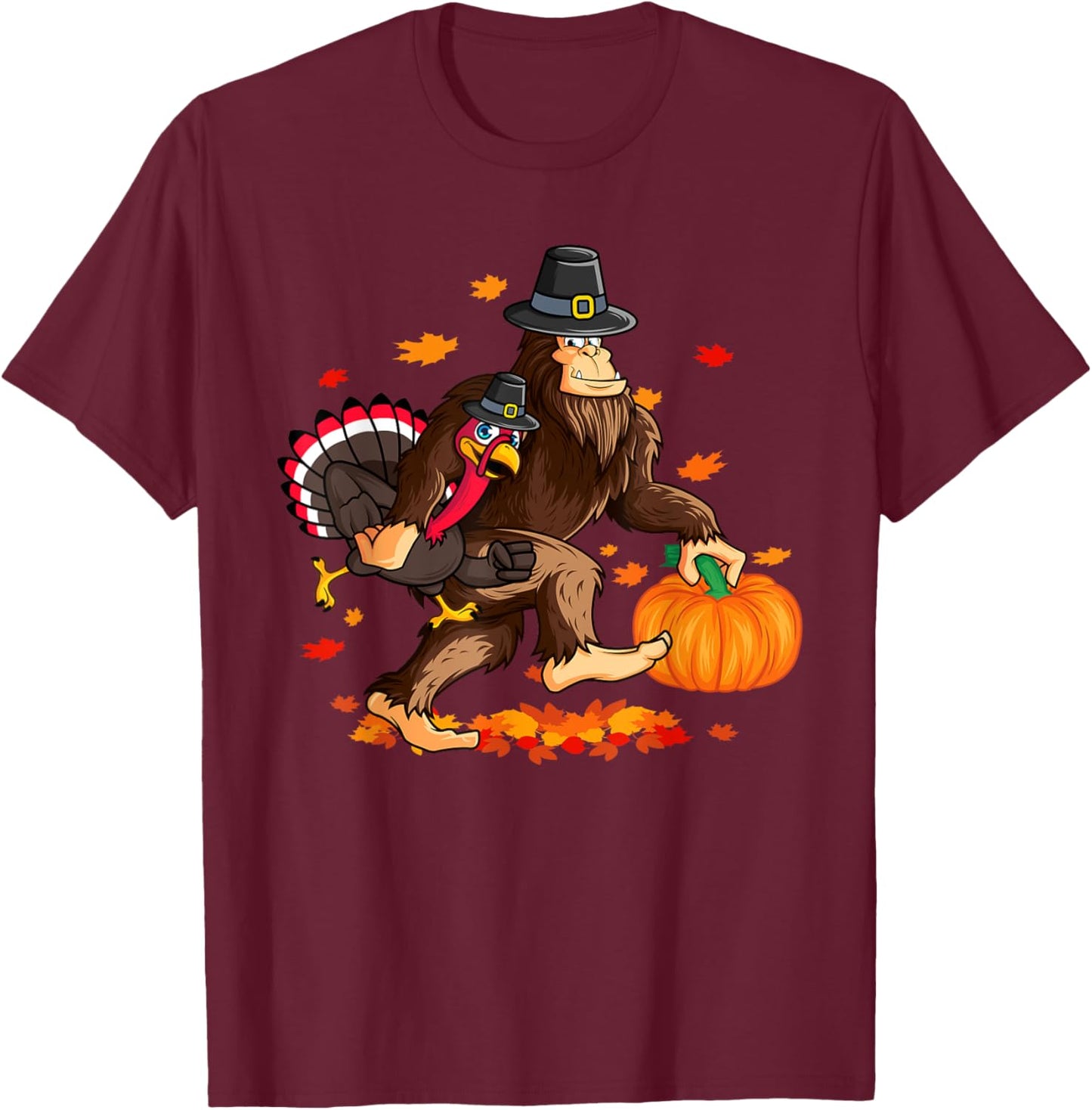 Funny Bigfoot Thanksgiving Pilgrim Turkey Pumpkin For Boys T-Shirt - T-Shirt | Maroon
