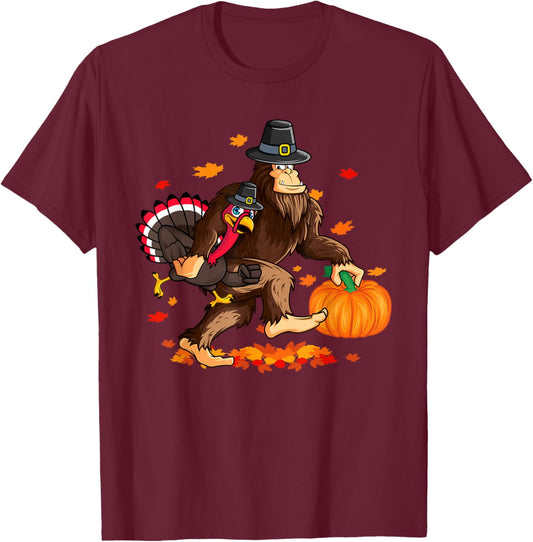 Funny Bigfoot Thanksgiving Pilgrim Turkey Pumpkin For Boys T-Shirt - T-Shirt | Maroon