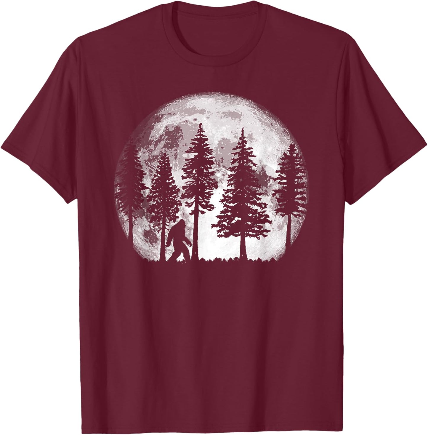 Bigfoot in the Forest Hiding at Night Full Moon Trees Nature T-Shirt - T-Shirt | Maroon