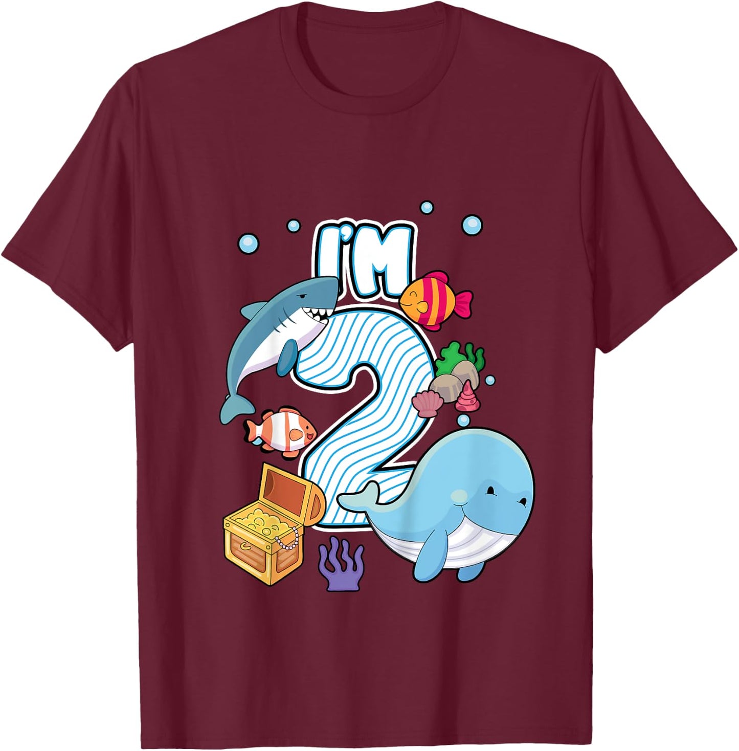 I'M 2 Year Old Ocean Life Whale Dolphin Shark 2nd Birthday T-Shirt - T-Shirt | Maroon