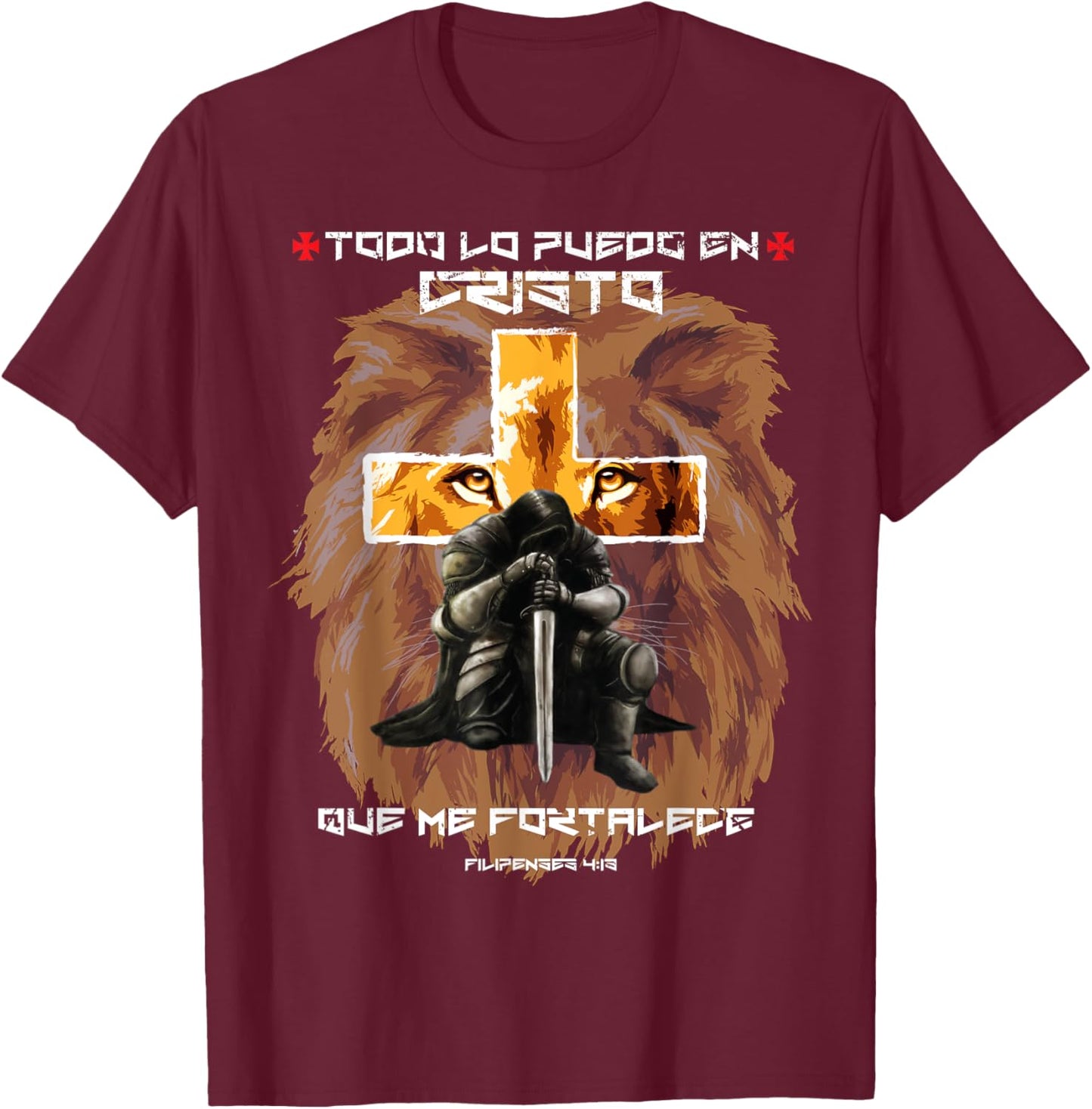 Lion Graphic Christian Spanish Products With Crosses Verses T-Shirt - T-Shirt | Maroon