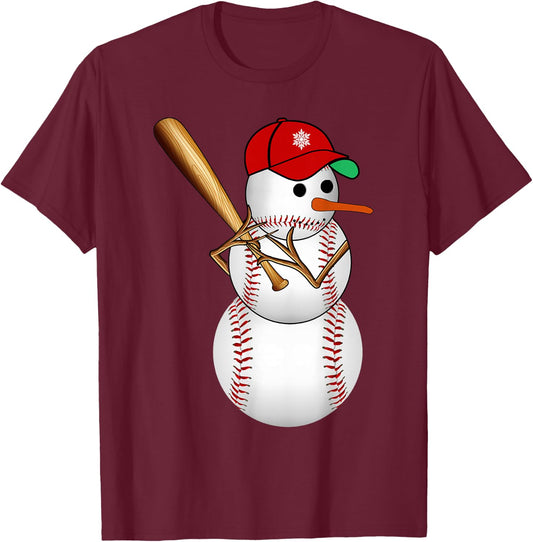 Baseball Snowman Balls Snow Christmas Xmas Gifts Men Women T-Shirt - T-Shirt | Maroon