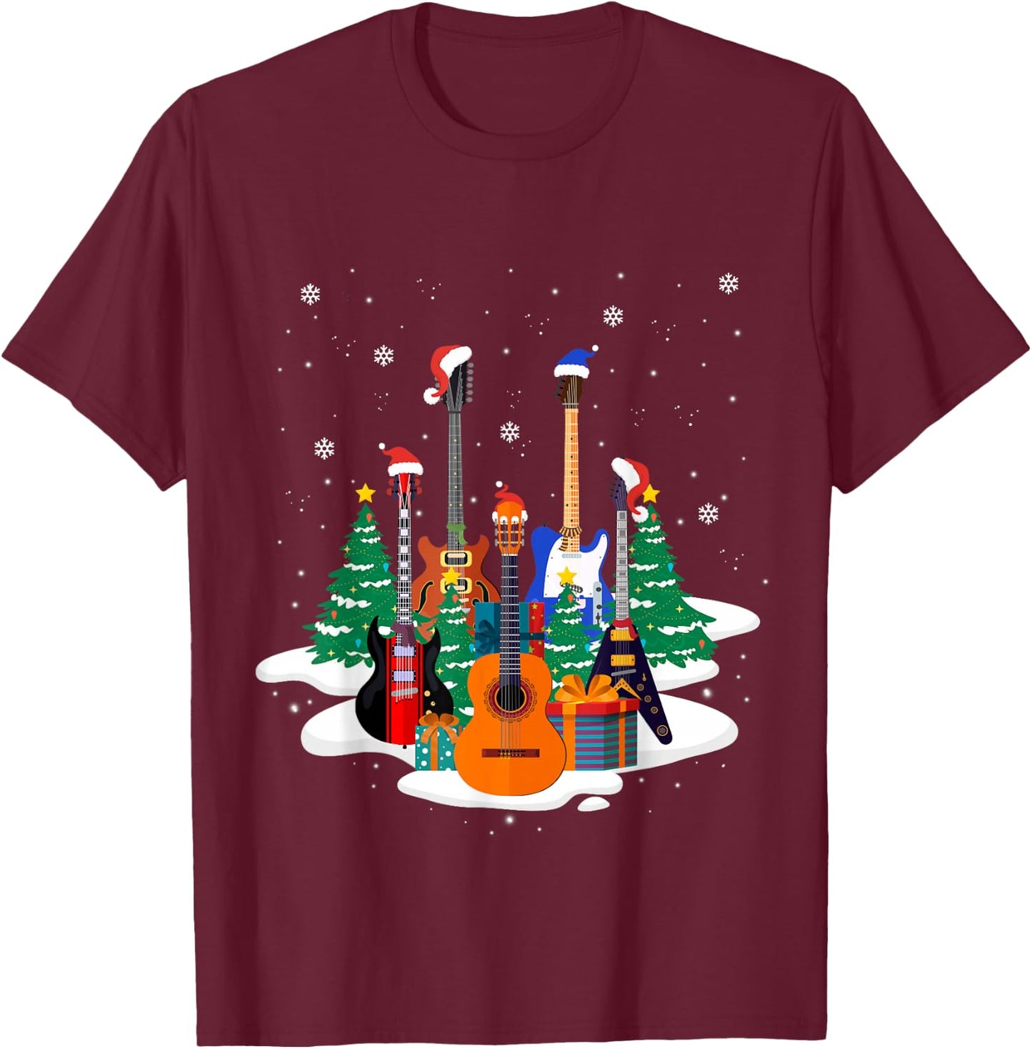Guitar Santa Hat Christmas Tree Funny Music Loves Xmas Gifts T-Shirt - T-Shirt | Maroon