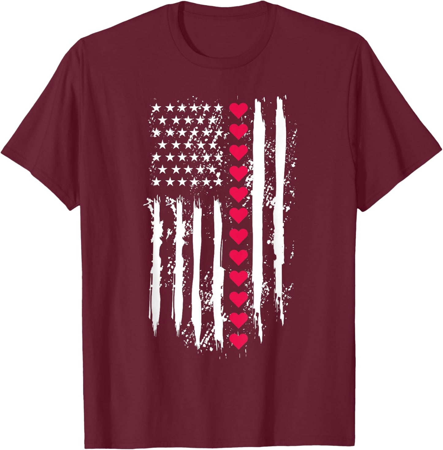 Valentines Day Red Hearts US American Flag Patriotic Lover T-Shirt - T-Shirt | Maroon