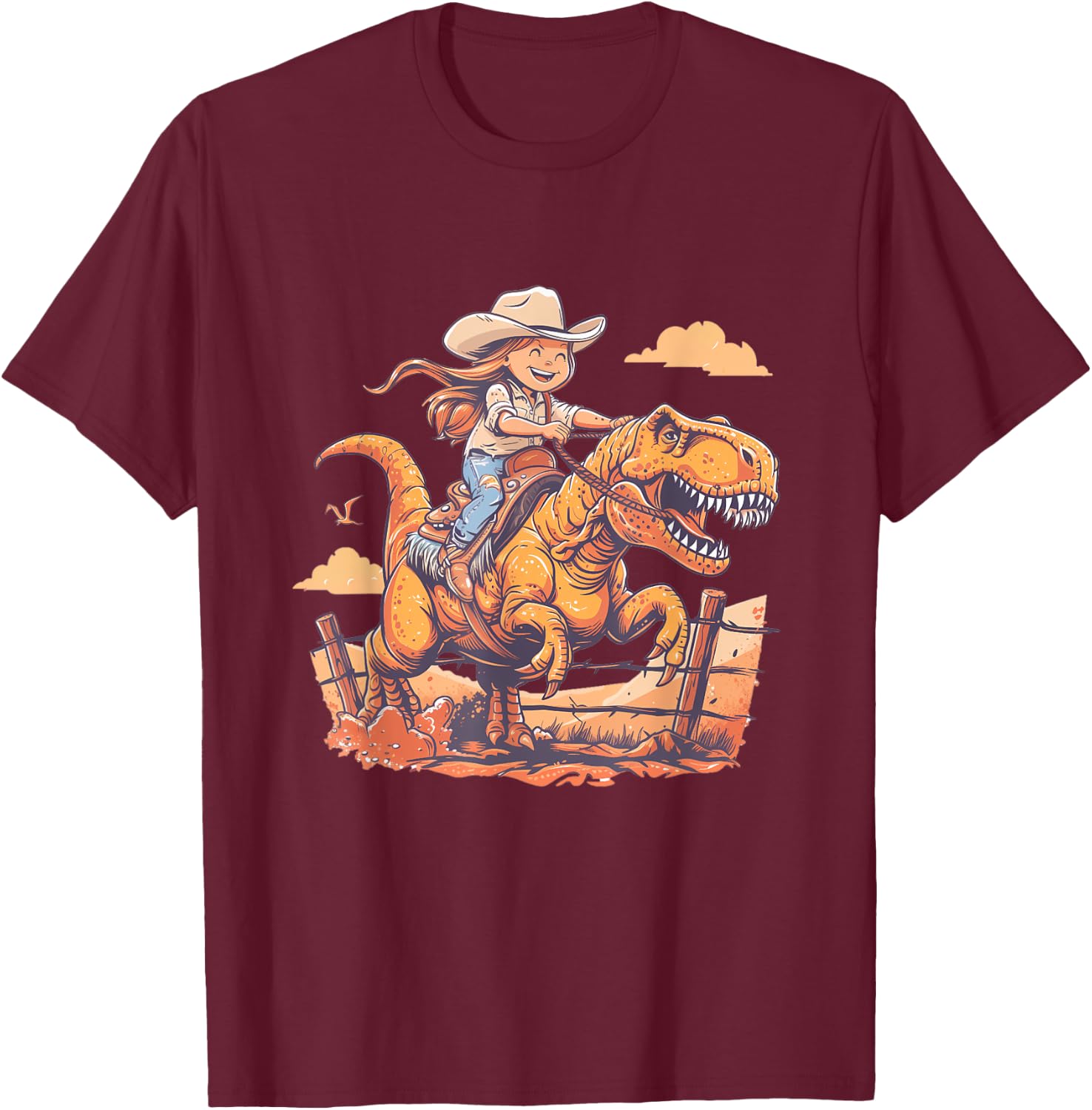 Dino Cowgirl Girls' Dinosaur Rodeo Rider - Nursery T-Shirt - T-Shirt | Maroon