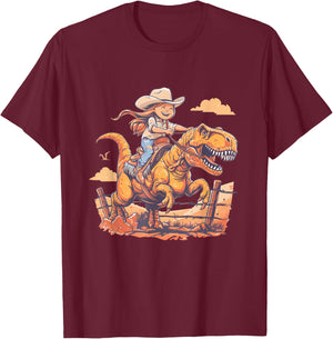Dino Cowgirl Girls' Dinosaur Rodeo Rider - Nursery T-Shirt - T-Shirt | Maroon