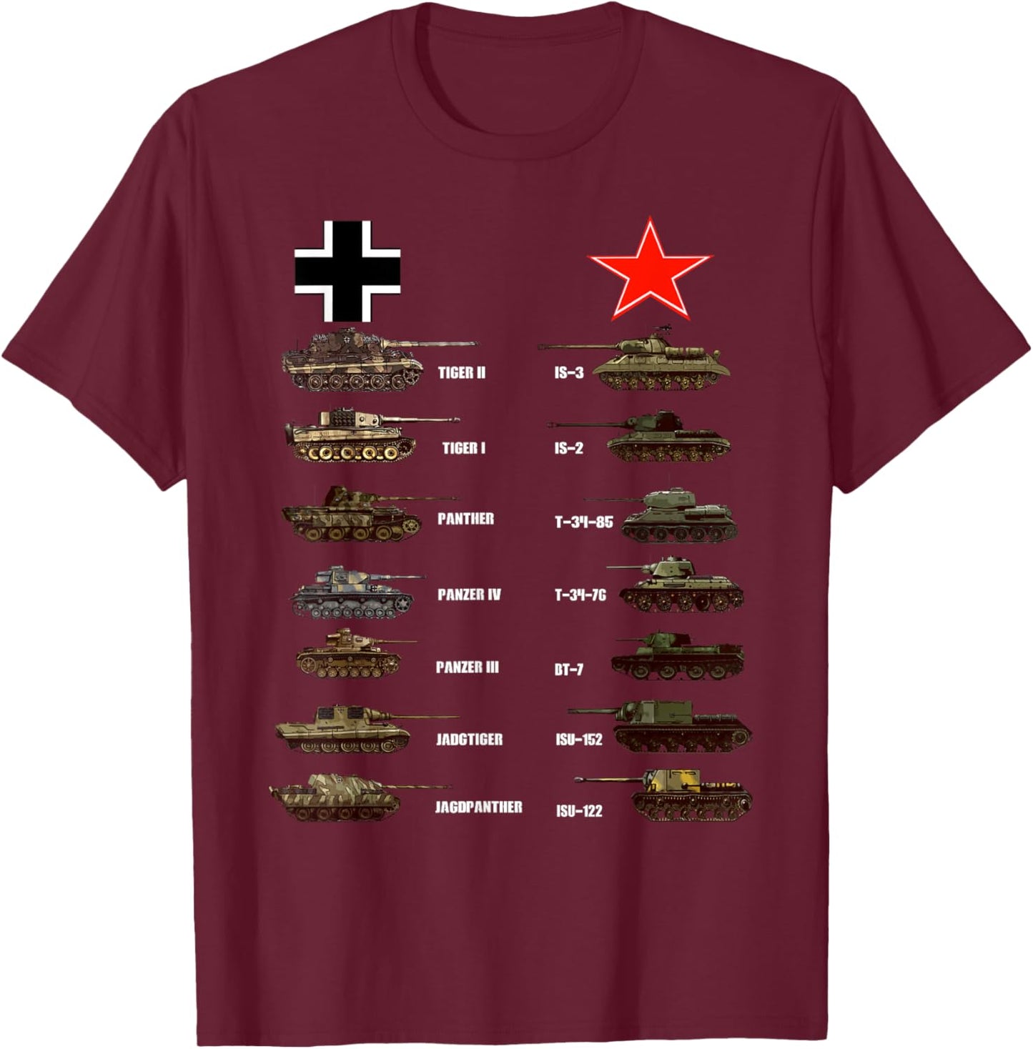 WW2 Tanks German Soviet Tiger I Tiger II IS-3 T-34 T-Shirt - T-Shirt | Maroon