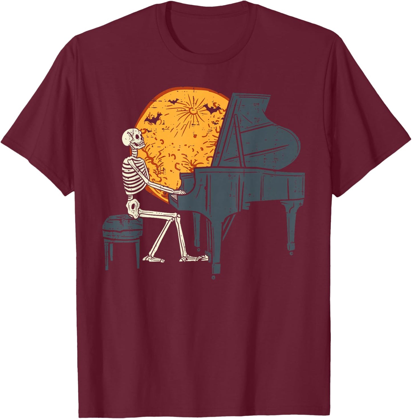 Skeleton Playing Piano Moon Halloween Music Boys Men T-Shirt - T-Shirt | Maroon