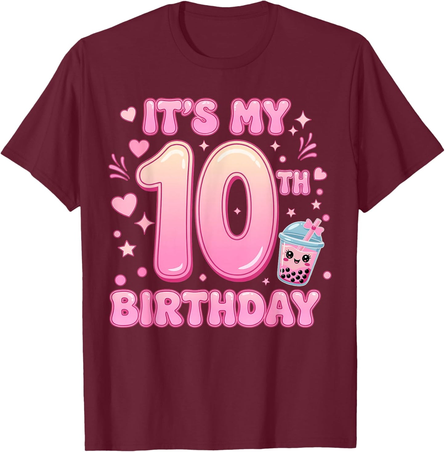 It's My 10th Birthday Girl Bow Milk Tea Bubble Boba Party T-Shirt - T-Shirt | Maroon