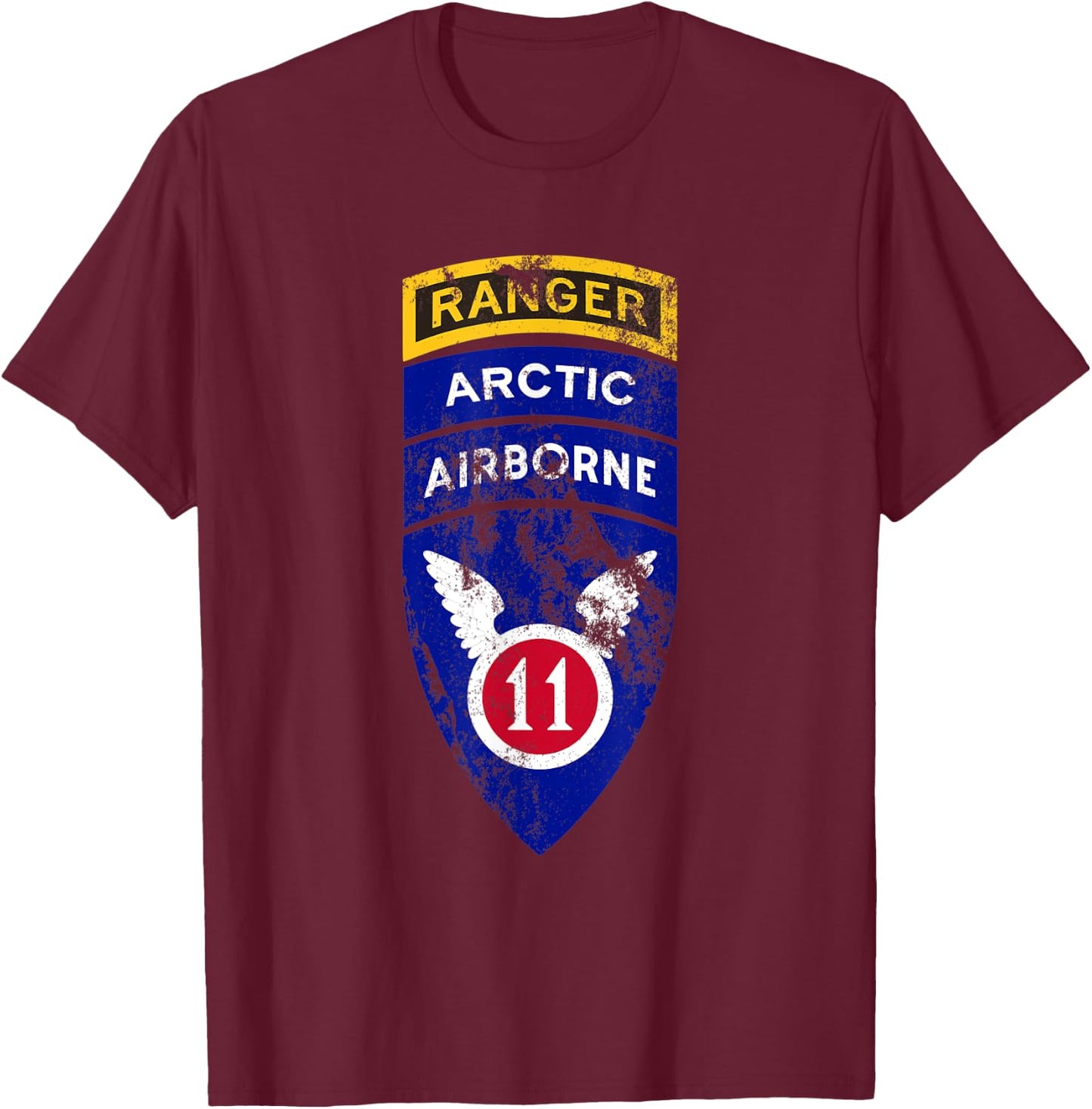 11th Airborne Division Patch & Ranger Tab - Arctic Angels T-Shirt - T-Shirt | Maroon
