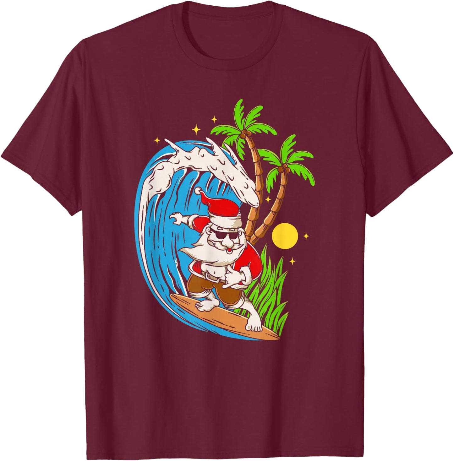 Christmas in July | Summer Santa Claus Beach Hawaii Surf T-Shirt - T-Shirt | Maroon