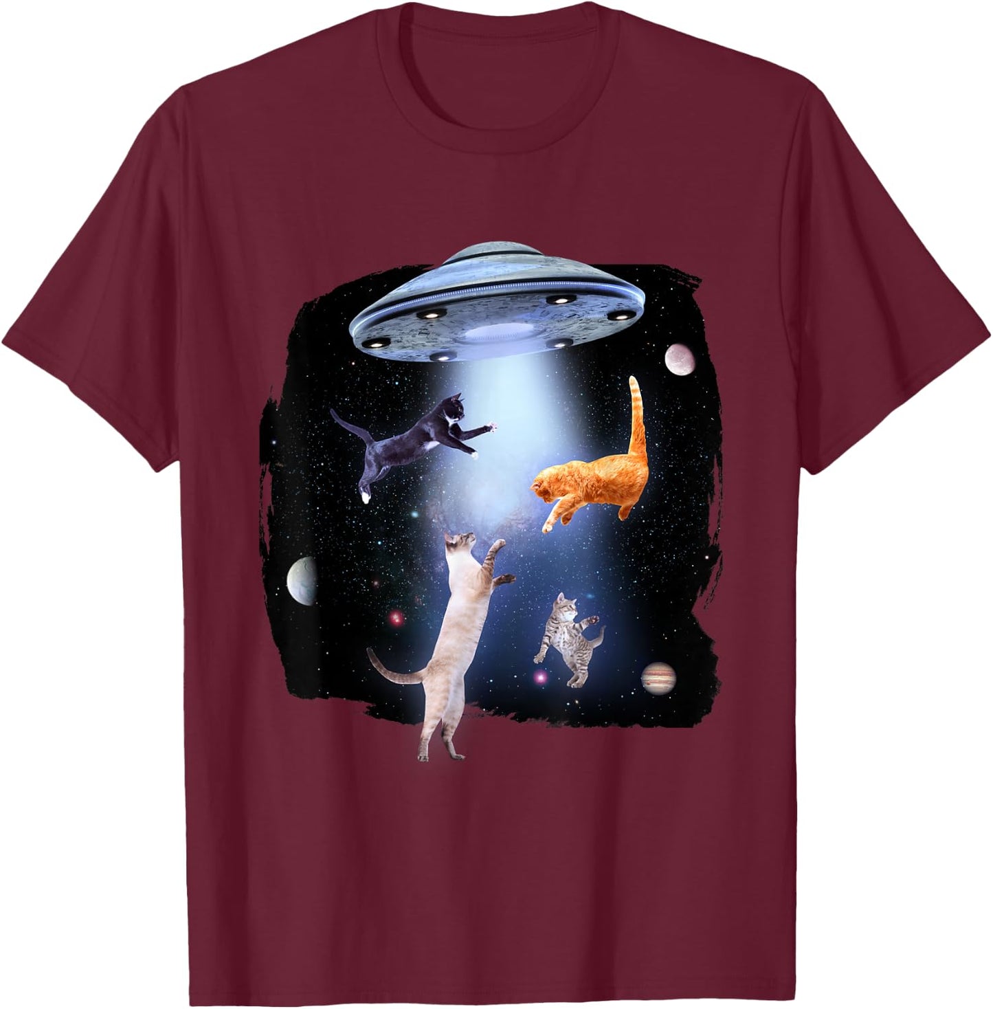 Funny Cat Galaxy UFO Space Cats T-Shirt - T-Shirt | Maroon