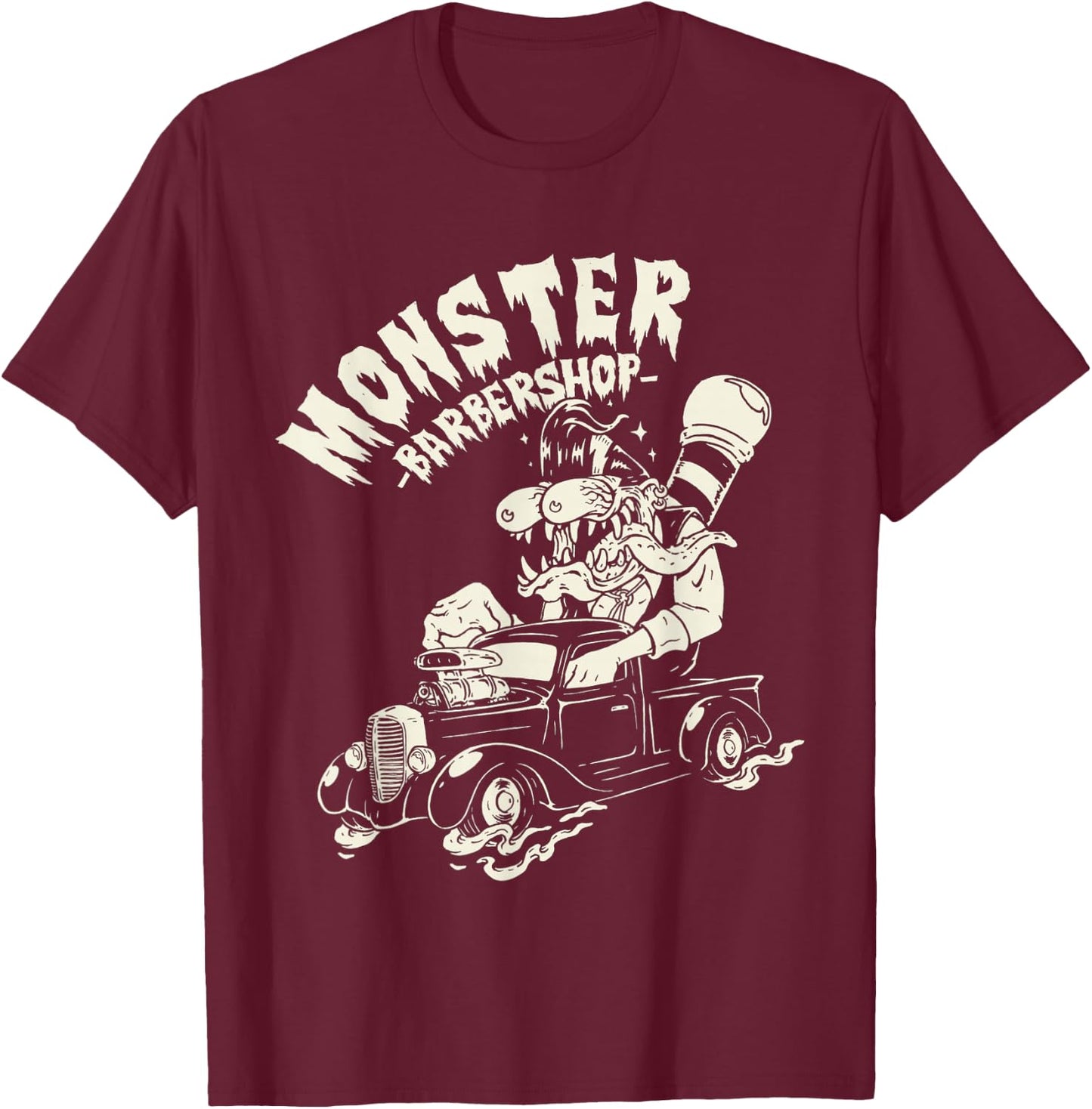 Horror Art - Ratfink Monster Barbershop - Psychobilly Punk T-Shirt - T-Shirt | Maroon