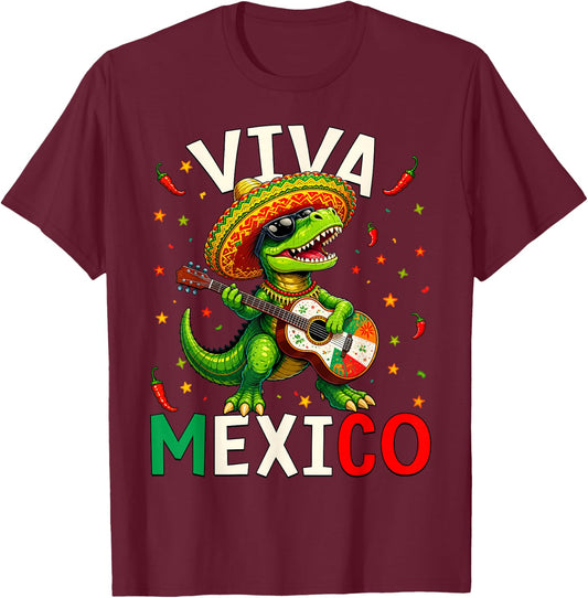 Kids Viva Mexico Shirt Boy Mexican Dinosaur Independence Day T-Shirt - T-Shirt | Maroon