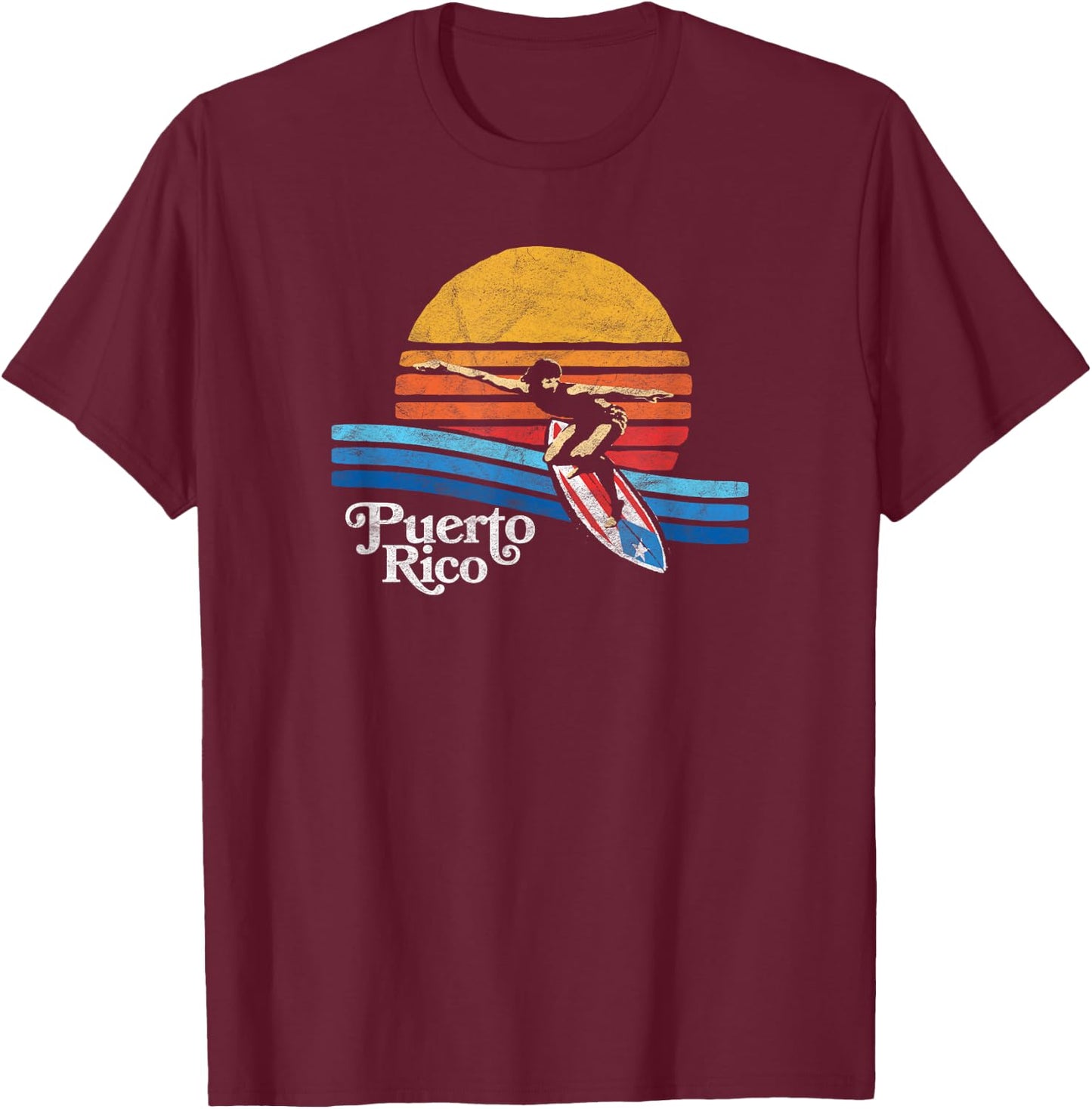 Puerto Rico Flag Retro Surfer Beach Shirt - Surfing PR! T-Shirt - T-Shirt | Maroon