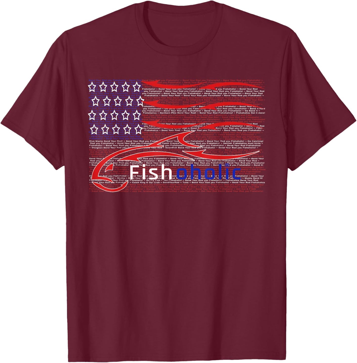 USA Flag Patriotic Fish Logo with Hidden Fishing Words T-Shirt - T-Shirt | Maroon