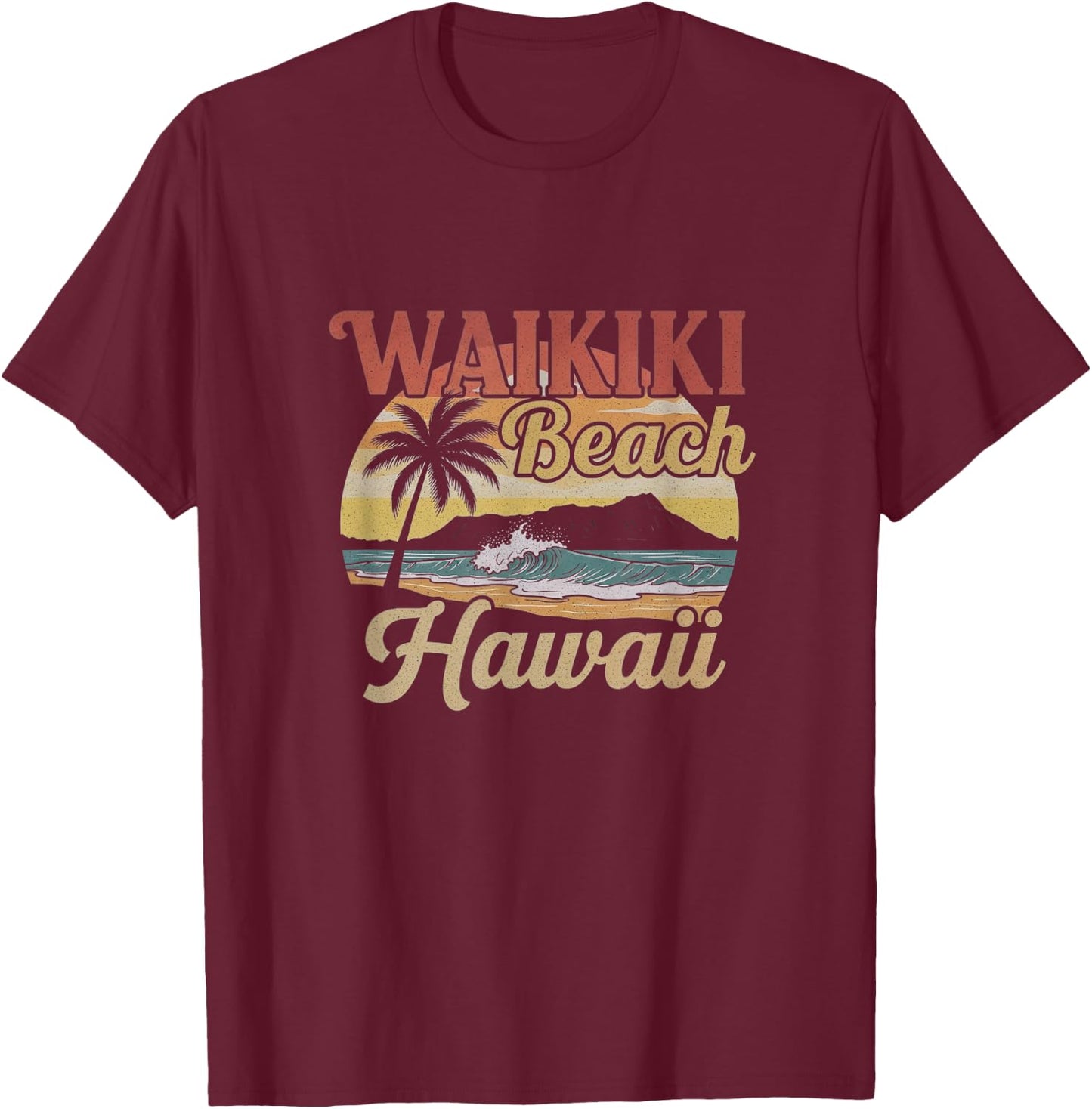 Retro Waikiki Beach Hawaii Art Hawaiian Design T-Shirt - T-Shirt | Maroon