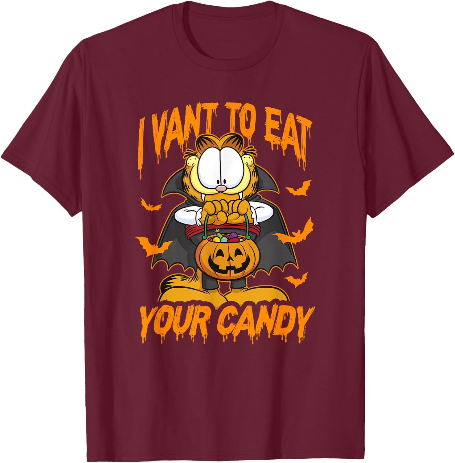 Garfield Halloween I Want To Eat Your Candy T-Shirt - T-Shirt | Maroon
