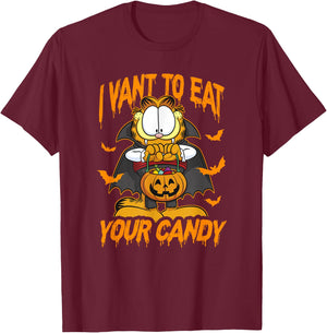 Garfield Halloween I Want To Eat Your Candy T-Shirt - T-Shirt | Maroon