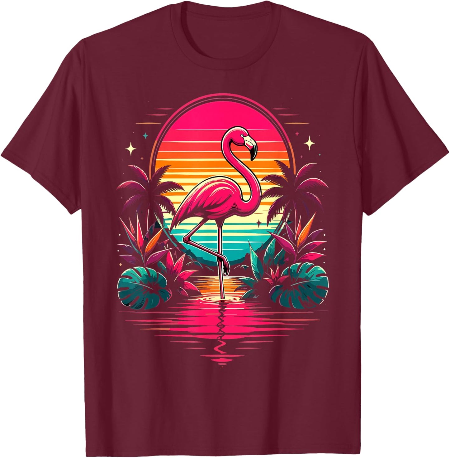 Flamingo Sunset Tropical Beach T-Shirt - T-Shirt | Maroon