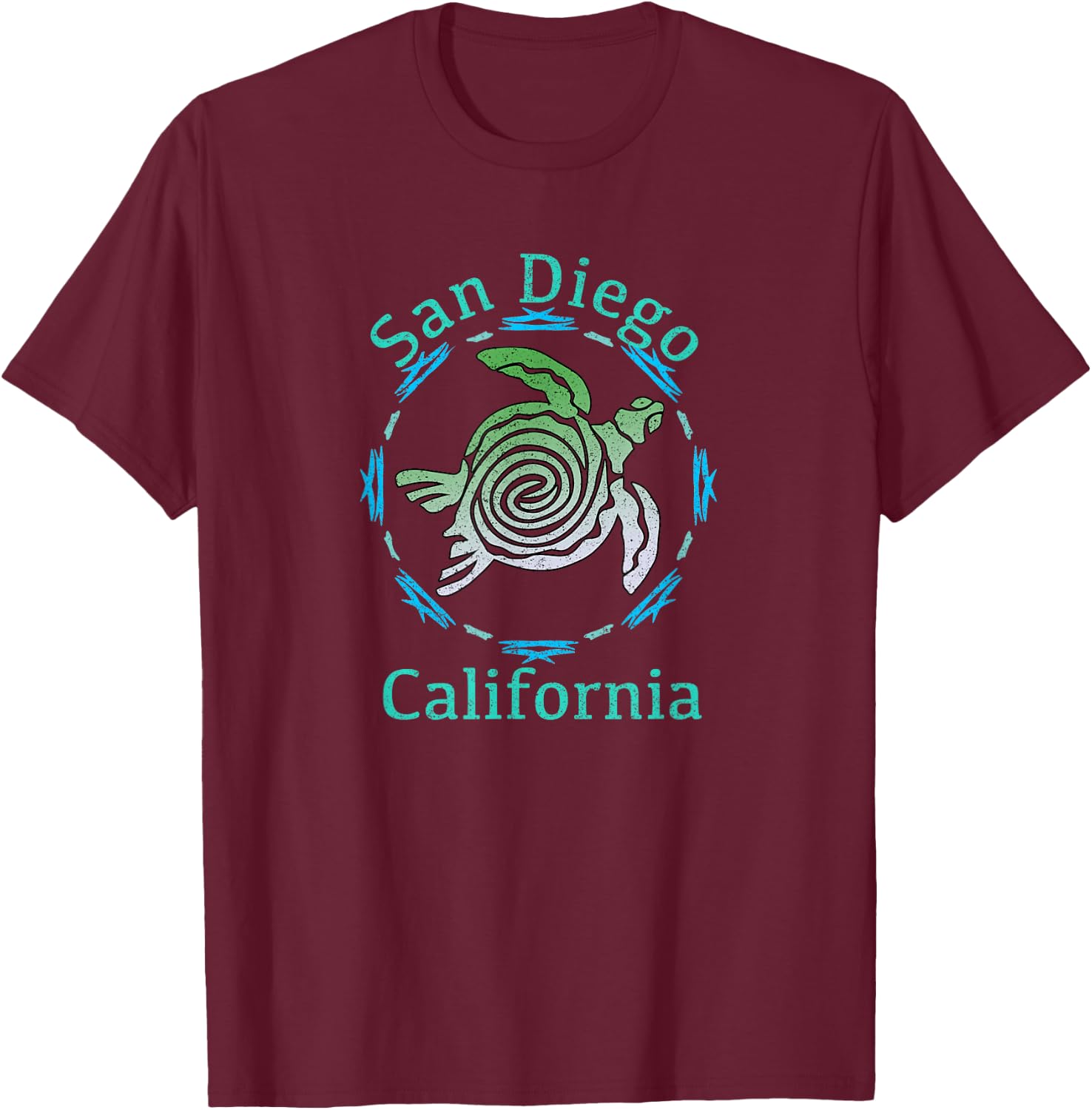 Vintage San Diego Travel Shirts And Apparel -Adults Black Small Classic Fit Short Sleeve San Diego Turtle T-Shirt - T-Shirt | Maroon