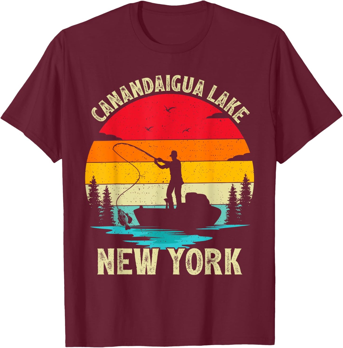 Summer Vacation Fishing Vintage New York Canandaigua Lake T-Shirt - T-Shirt | Maroon