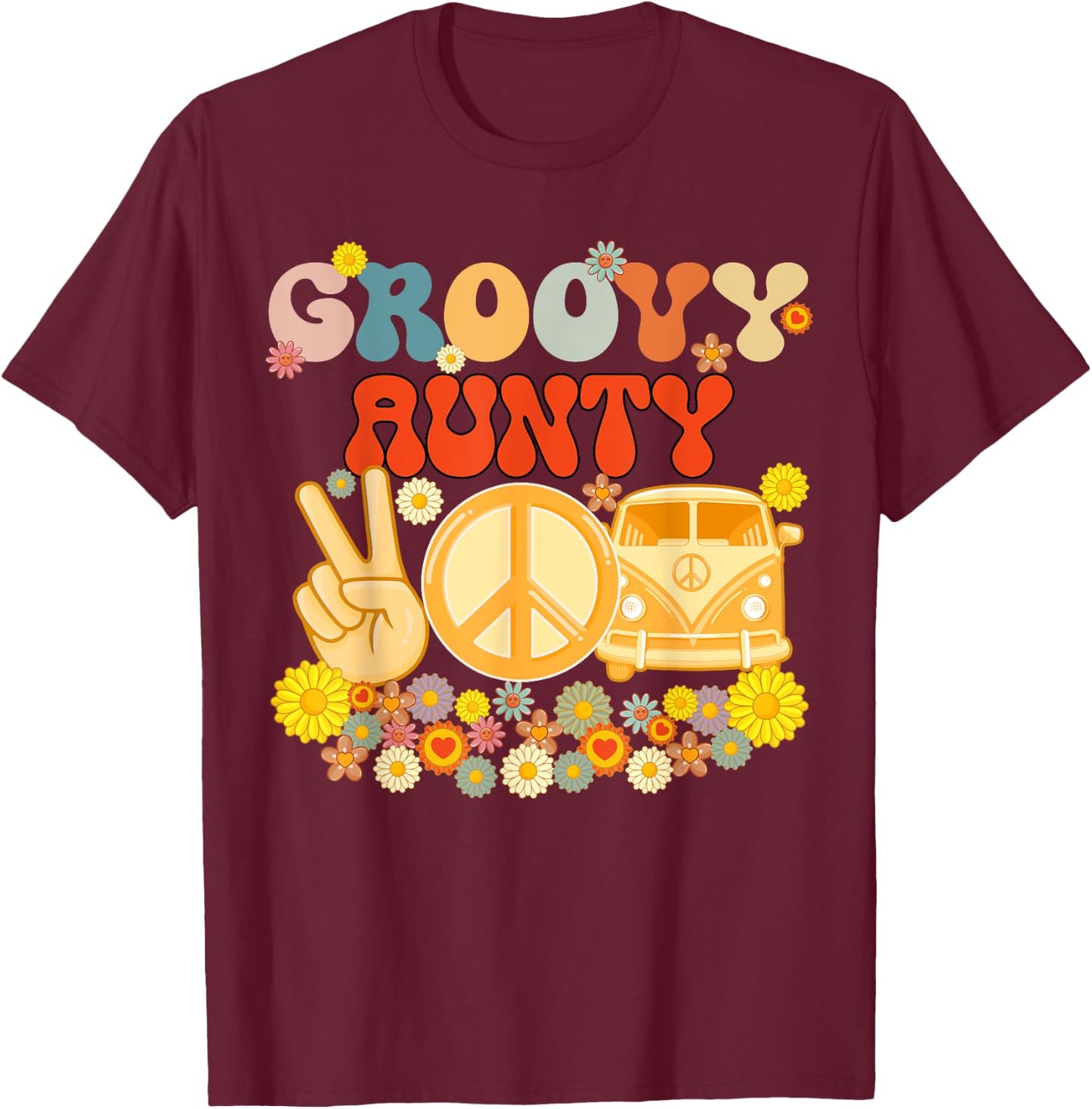 Groovy Aunty Retro Matching Family Baby Shower Mother's Day T-Shirt - T-Shirt | Maroon