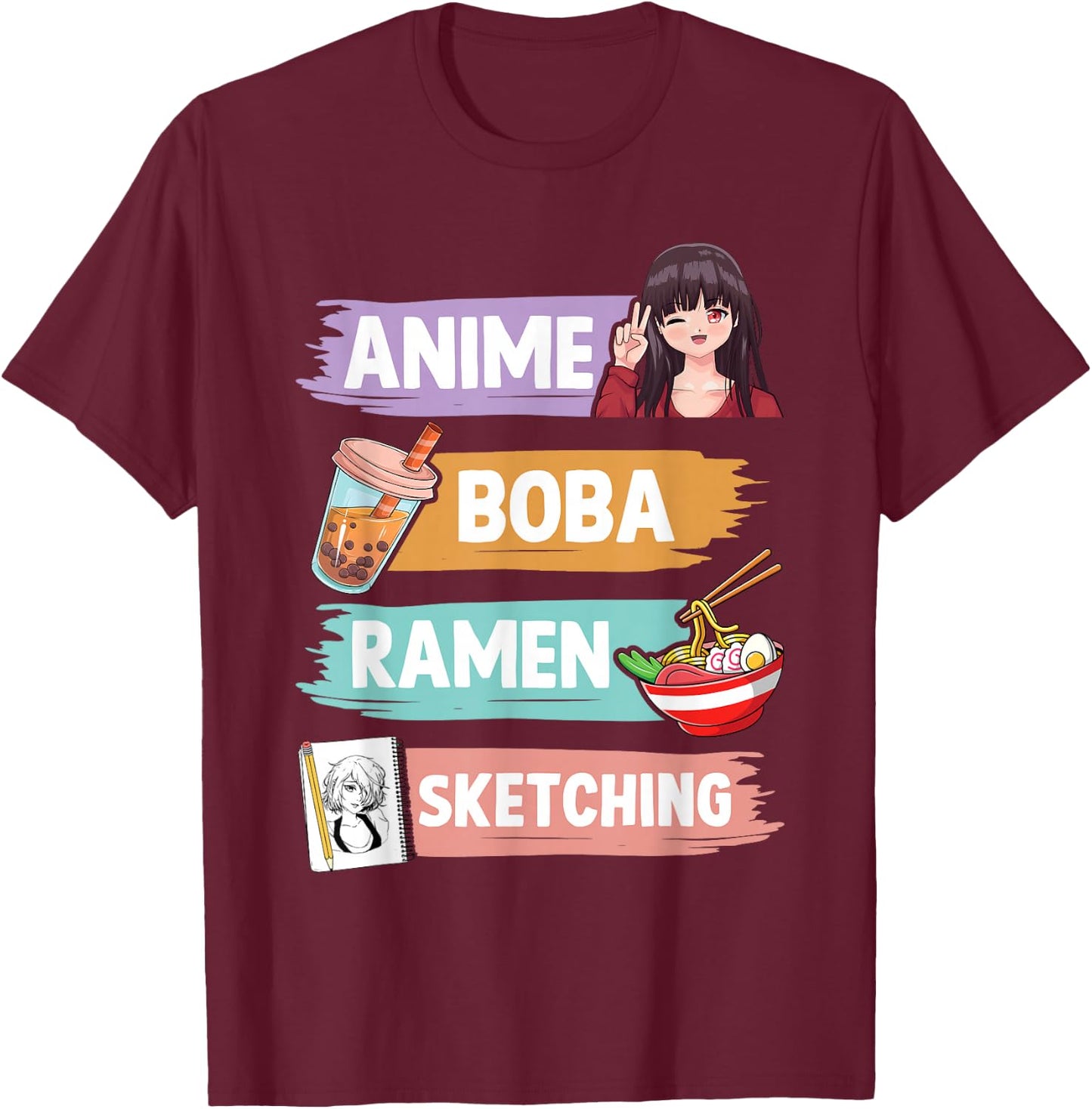 Anime Boba Ramen Sketching Otaku Kawaii Anime Girl Women T-Shirt - T-Shirt | Maroon