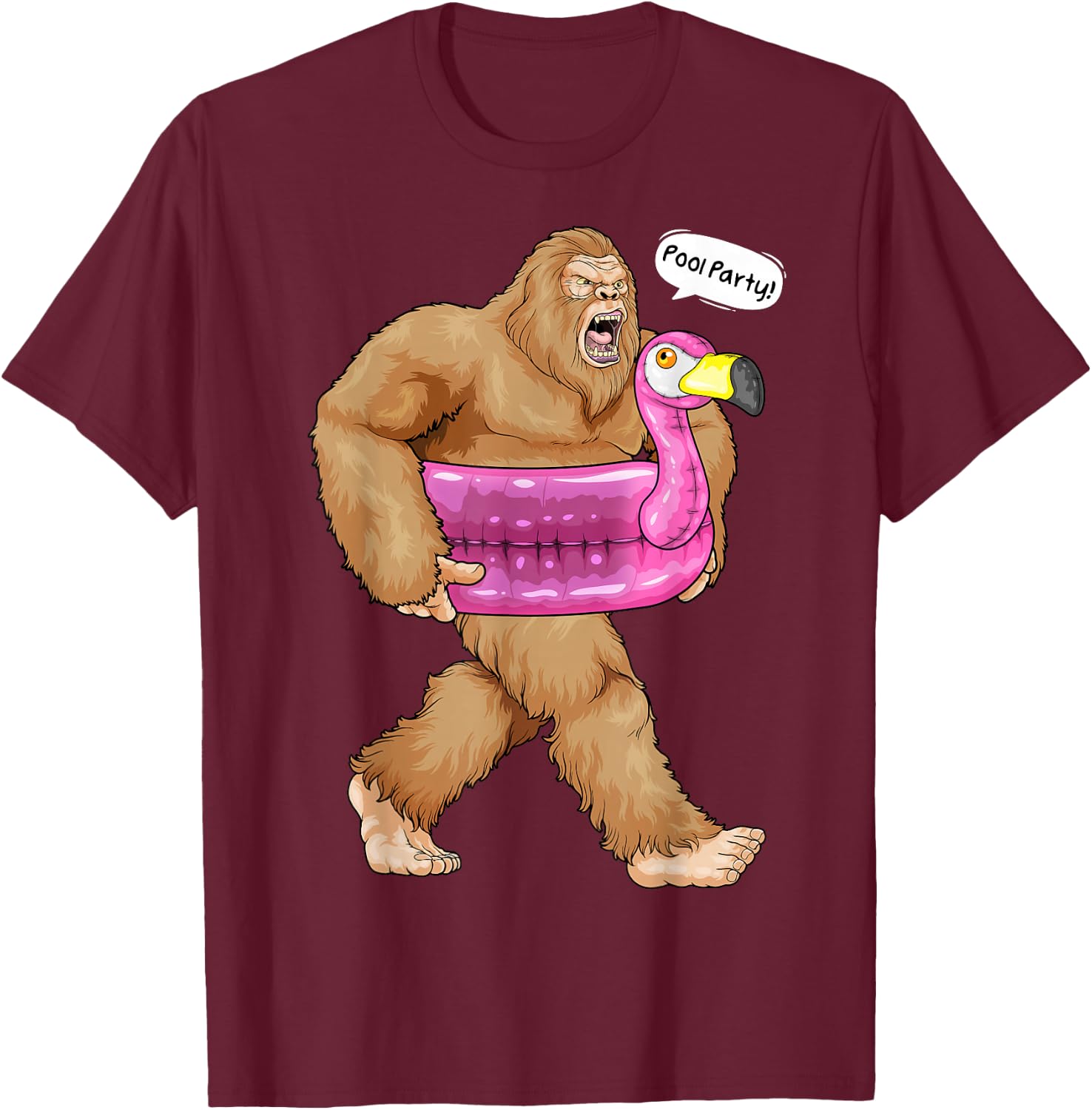 Pool Party Bigfoot Flamingo Float Funny Sasquatch Pink Float T-Shirt - T-Shirt | Maroon