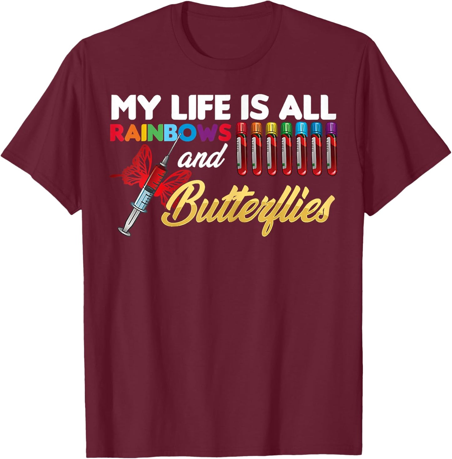 Reaction Glass Butterfly Rainbow Phlebotomy Laboratory Small T-Shirt - T-Shirt | Maroon