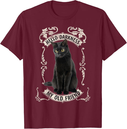 Hello Darkness My Old Friend Black Cat Lovers Music Fan T-Shirt - T-Shirt | Maroon