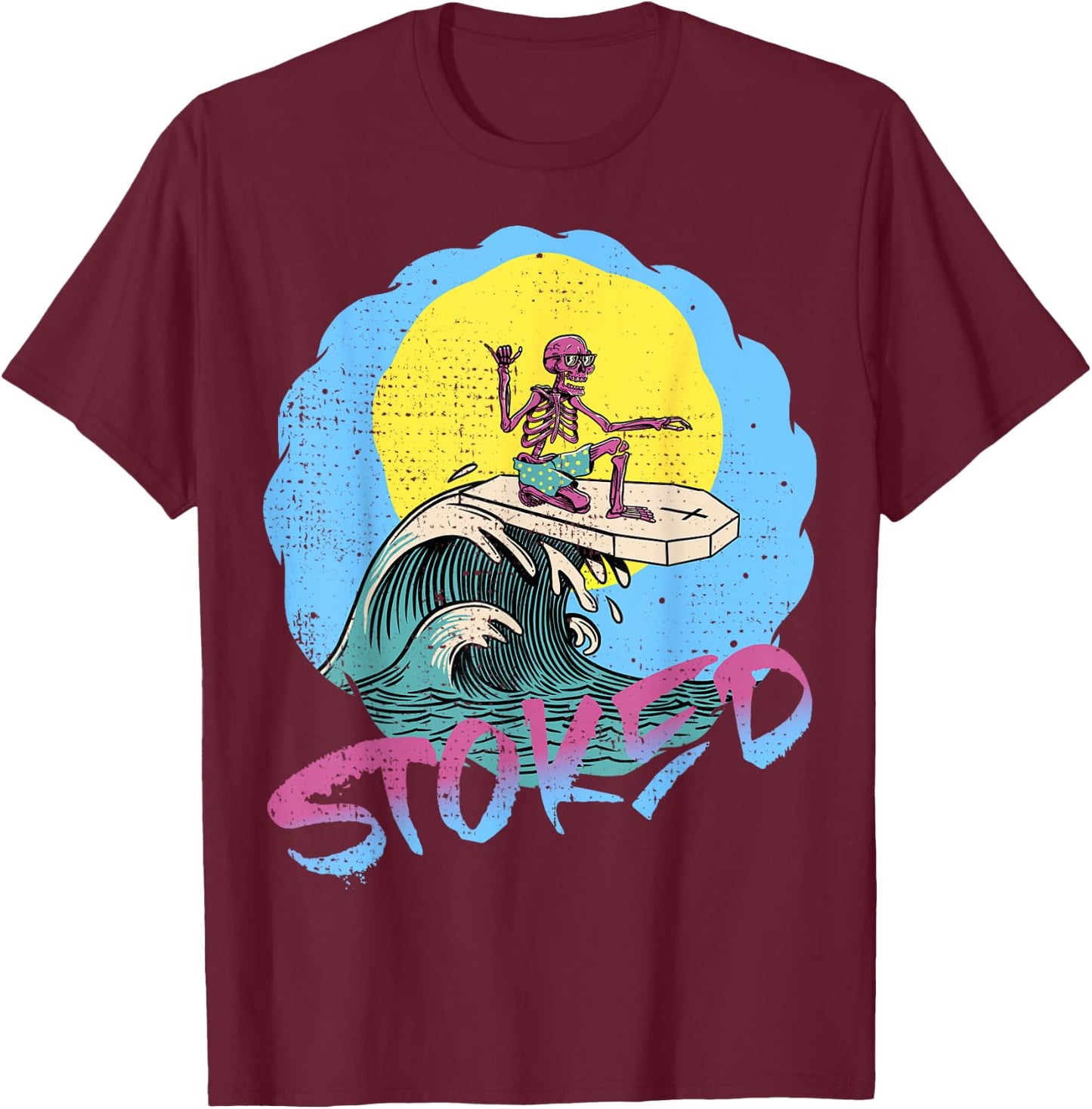 Surfing Skeleton Shaka T Shirts 80s Surf Surfboard T-Shirt - T-Shirt | Maroon