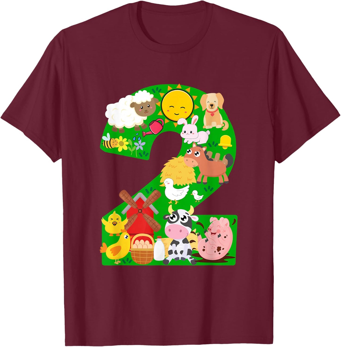 Farm Animals 2 Two Year Old Kids 2nd Birthday Party Farmer T-Shirt - T-Shirt | Maroon