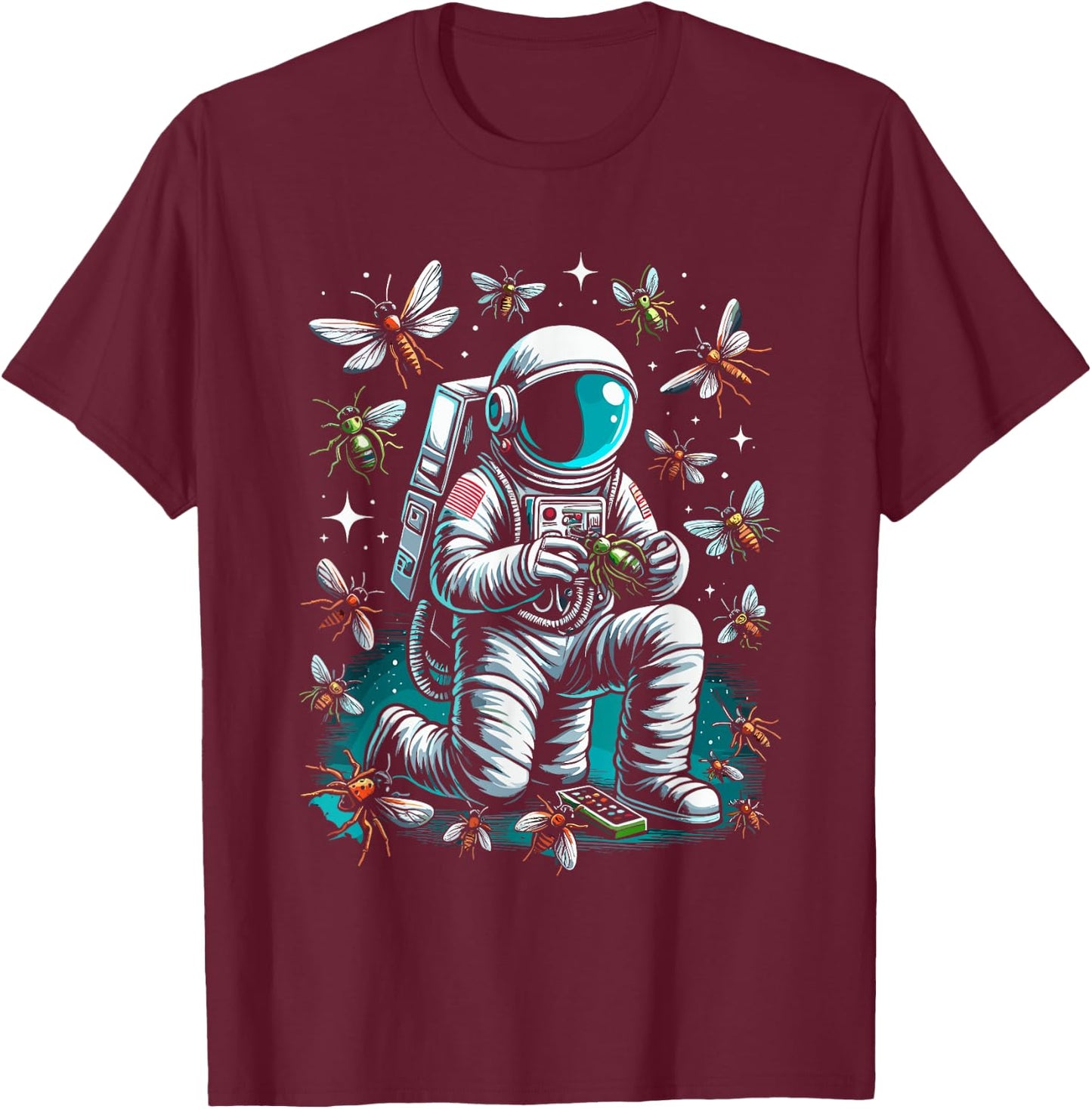 Astronaut Playing With Bugs Entomologist Entomology Bug T-Shirt - T-Shirt | Maroon