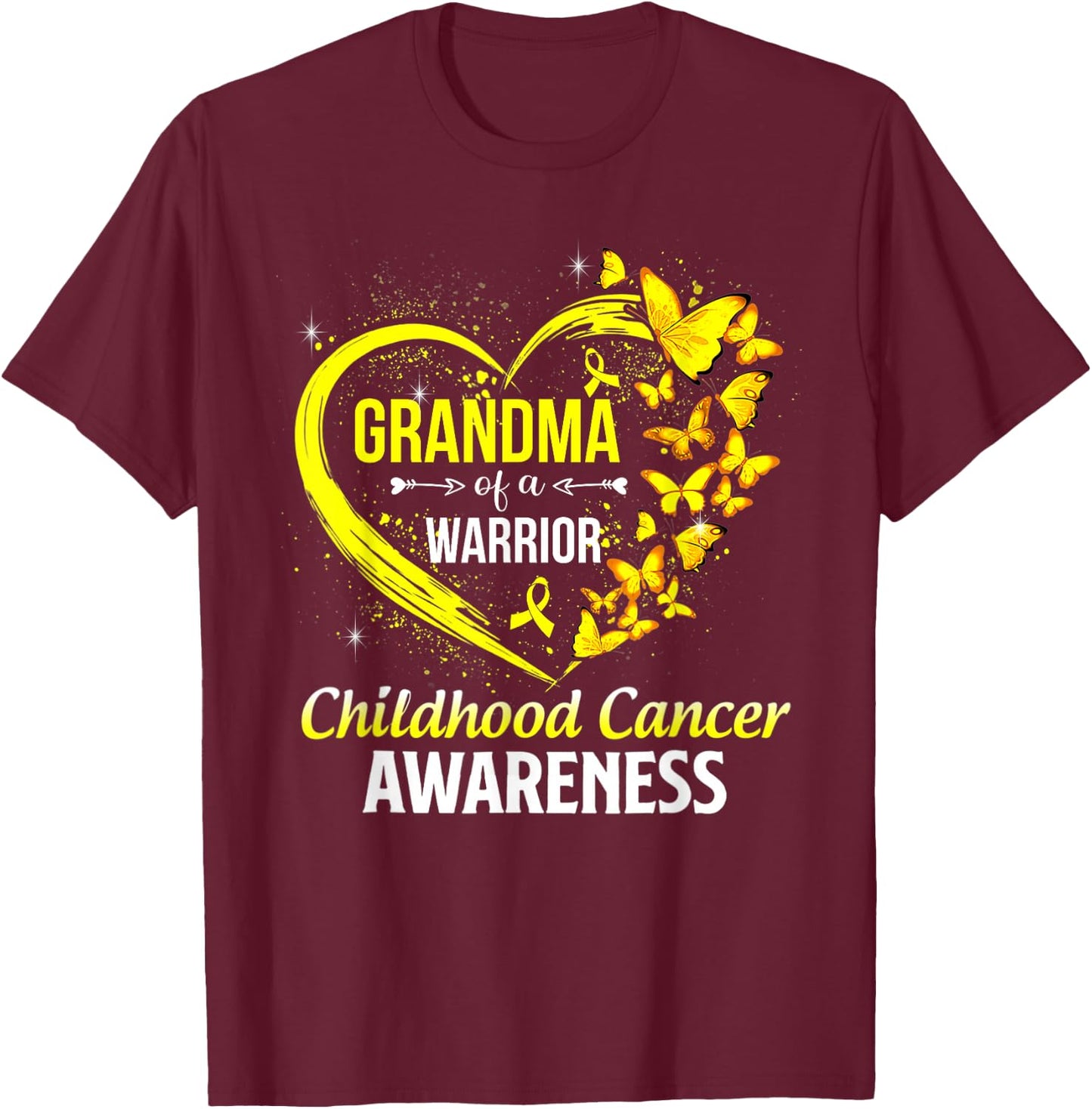 Butterfly Grandma Of A Warrior Childhood Cancer Awareness T-Shirt - T-Shirt | Maroon