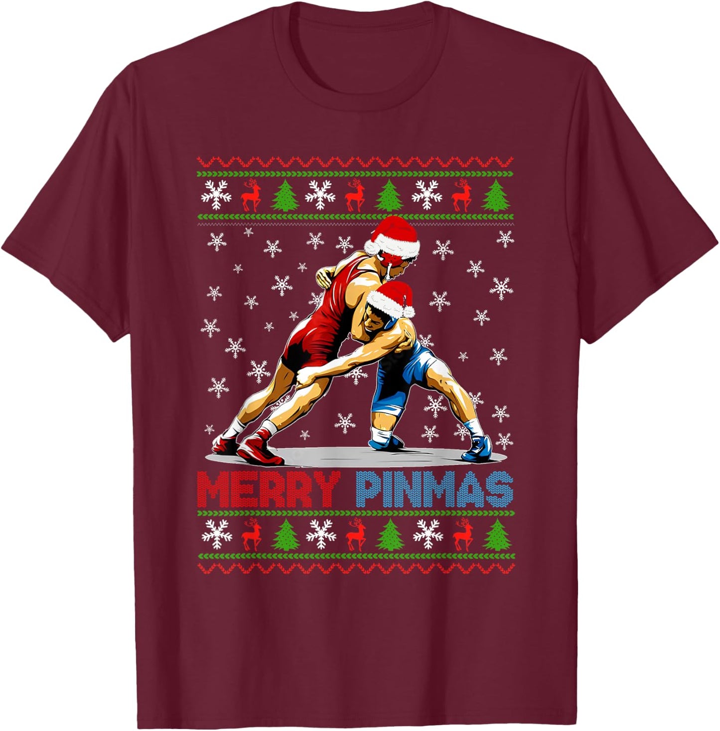 Merry Pinmas Ugly Christmas Santa Claus Wrestling Boys Men T-Shirt - T-Shirt | Maroon